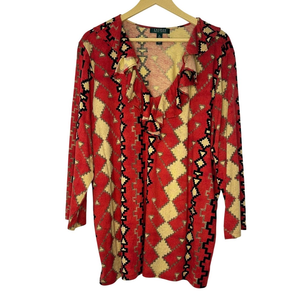 Lauren Ralph Lauren Ruffle Neck‎ Top Womens 3X Red Southwestern Geometric Print